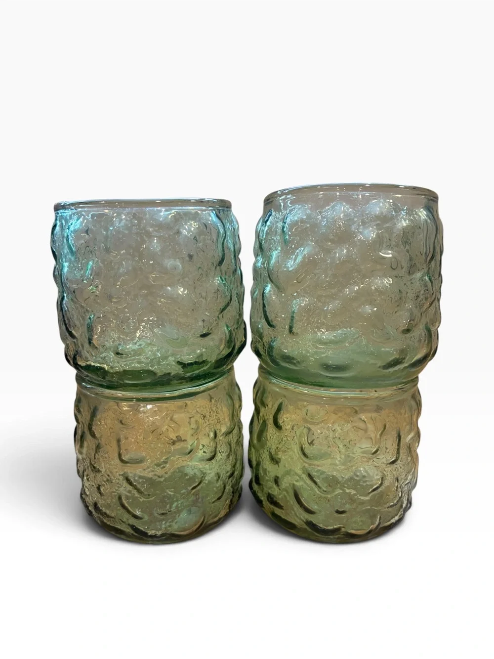 Set of 4 Vintage ANCHOR HOCKING Milano Green Roly Poly Tumbler Rocks Glasses